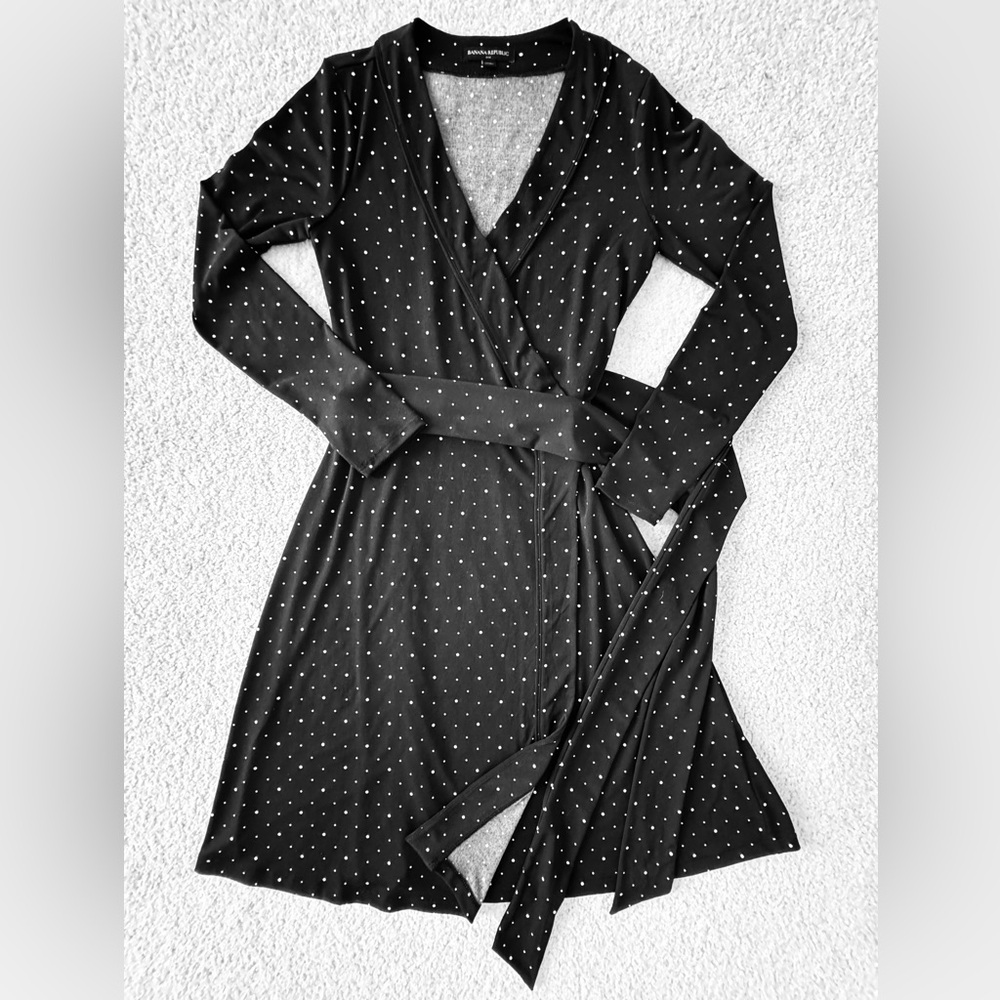 BR Women long sleeve Black and White Polka Dot Wrap Dress XSmall